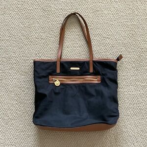 Michael Kors Shoulder Bag Tote Nylon Saffiano Leather Black Brown Handbag GUC